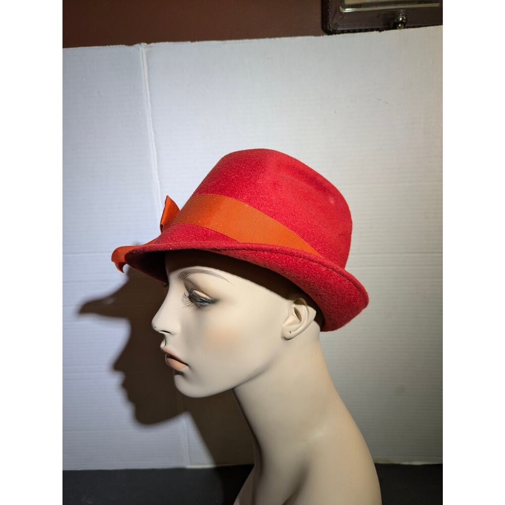 Vintage 50s Red Fur Felt Cloche Hat Orange Ribbon Bow Mid-Century Mod Fedora - Picture 8 of 8